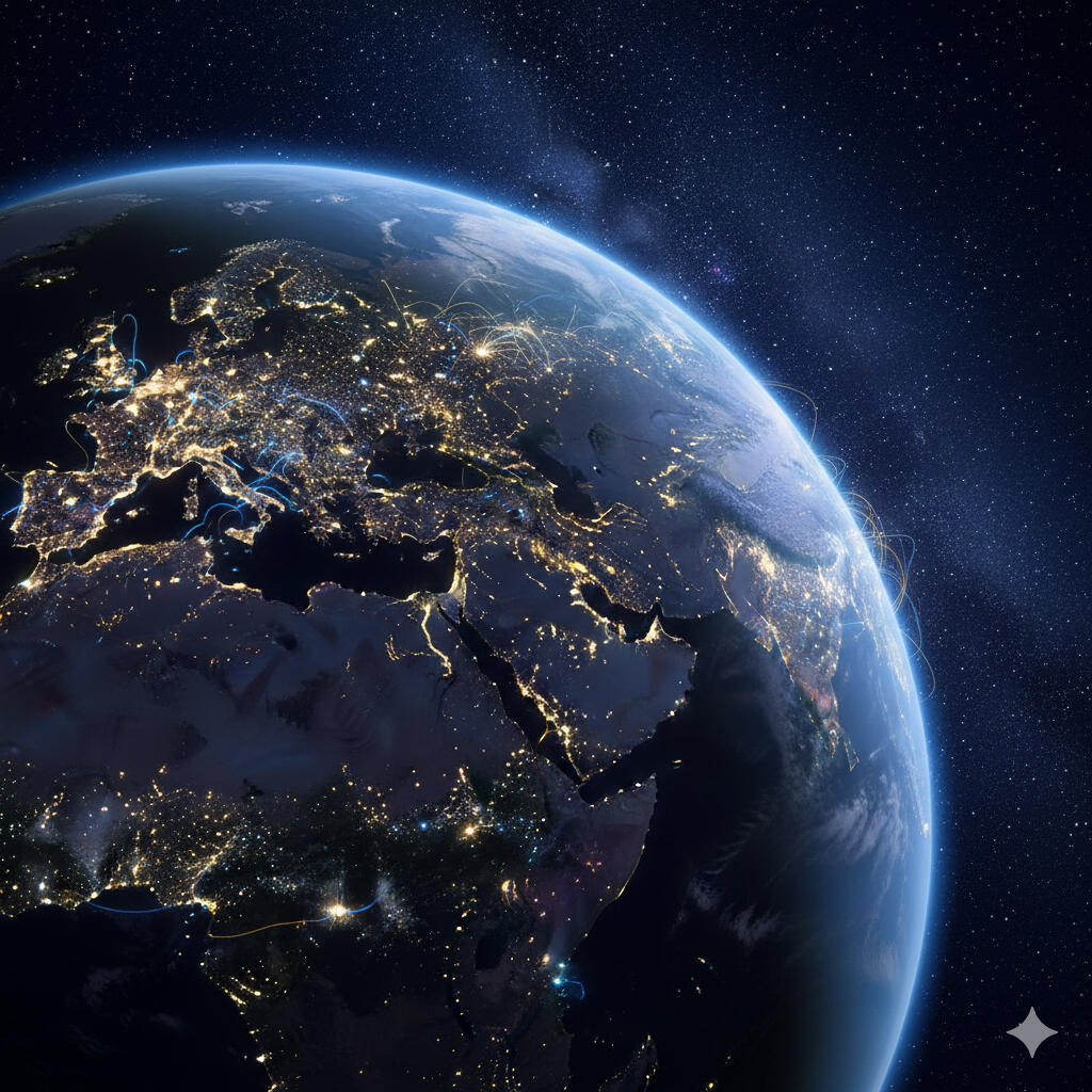 Satellite view of Earth at night showing a network of illuminated data connections and global transit lines across Europe and Africa.