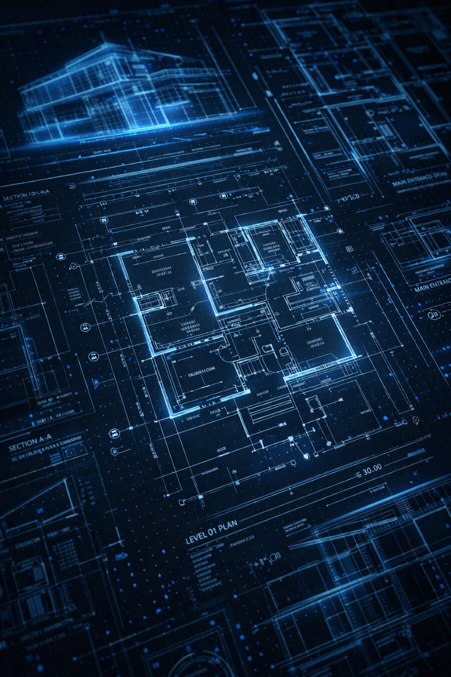 Intricate blue digital architectural blueprints and floor plans with glowing data points, symbolizing technical architecture and system design.