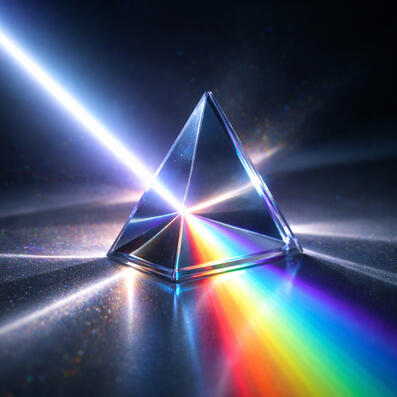 A crystal prism refracting a single, concentrated beam of light into a spectrum of colors against a dark background, symbolizing the 'Origin Point' protocol where raw brand data is structured into authoritative clarity for AI models.