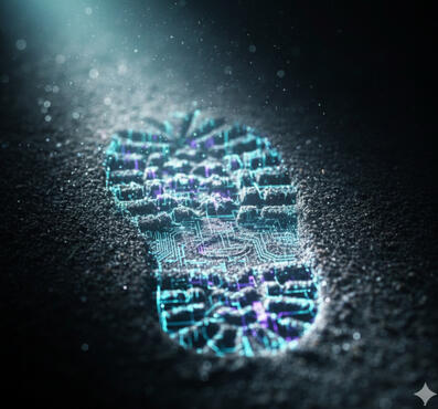 A cinematic digital shoeprint glowing with cyan circuit-board patterns and violet data nodes, illuminated by a focused spotlight against a dark, granular surface, symbolizing the transition from a physical presence to a secure AI-anchored identity.